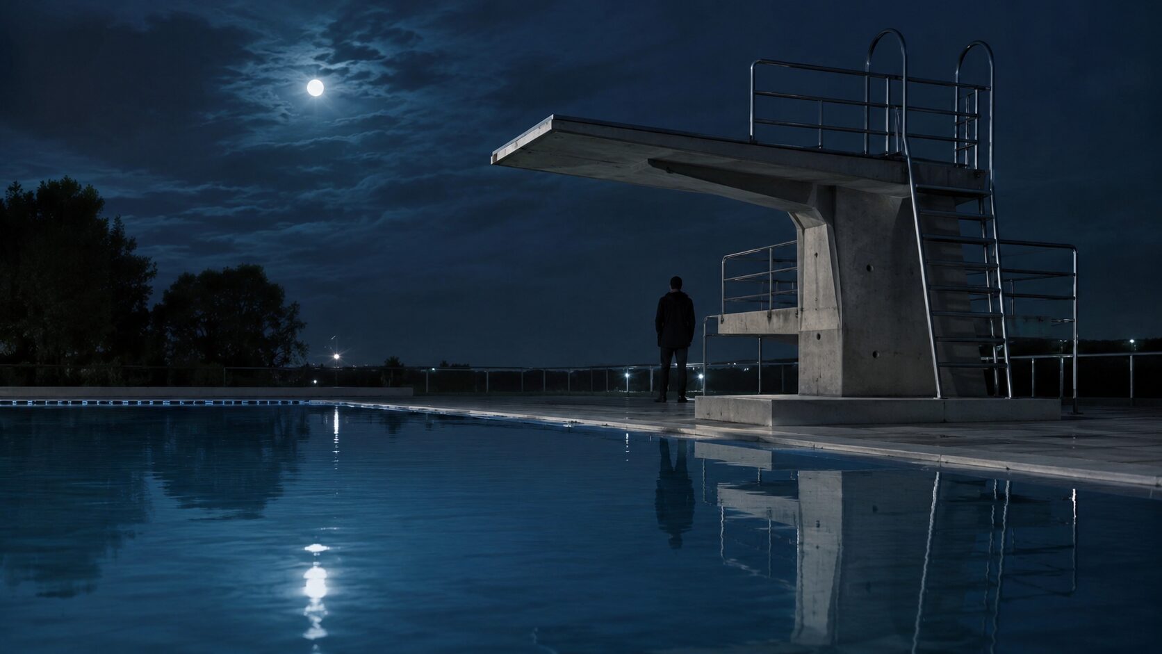 PROMPT:
A photorealistic symbolic poolside dream scene focused on a quiet diving platform and the feeling of encountering an unknown adult stranger. Show an empty outdoor pool at late evening with a simple unbranded diving board rising above still water. Near the base of the diving platform, place a distant adult silhouette with their face turned away and softly obscured by shadow, suggesting an unknown person or unfamiliar influence without making them identifiable. The mood should feel mysterious but not threatening, symbolizing curiosity, boundaries, and the hesitation before entering a new emotional situation. Use moonlit reflections, cool blue lighting, clean modern pool architecture, and a spacious cinematic composition. Photorealistic editorial blog image style, 16:9.
NEGATIVE:
見知らぬ異性と飛び込み台の暗示